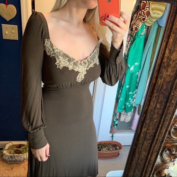 VALENTINO Brown Jersey Lace Dress 6 Balloon Sleeve - Picture 7 of 11